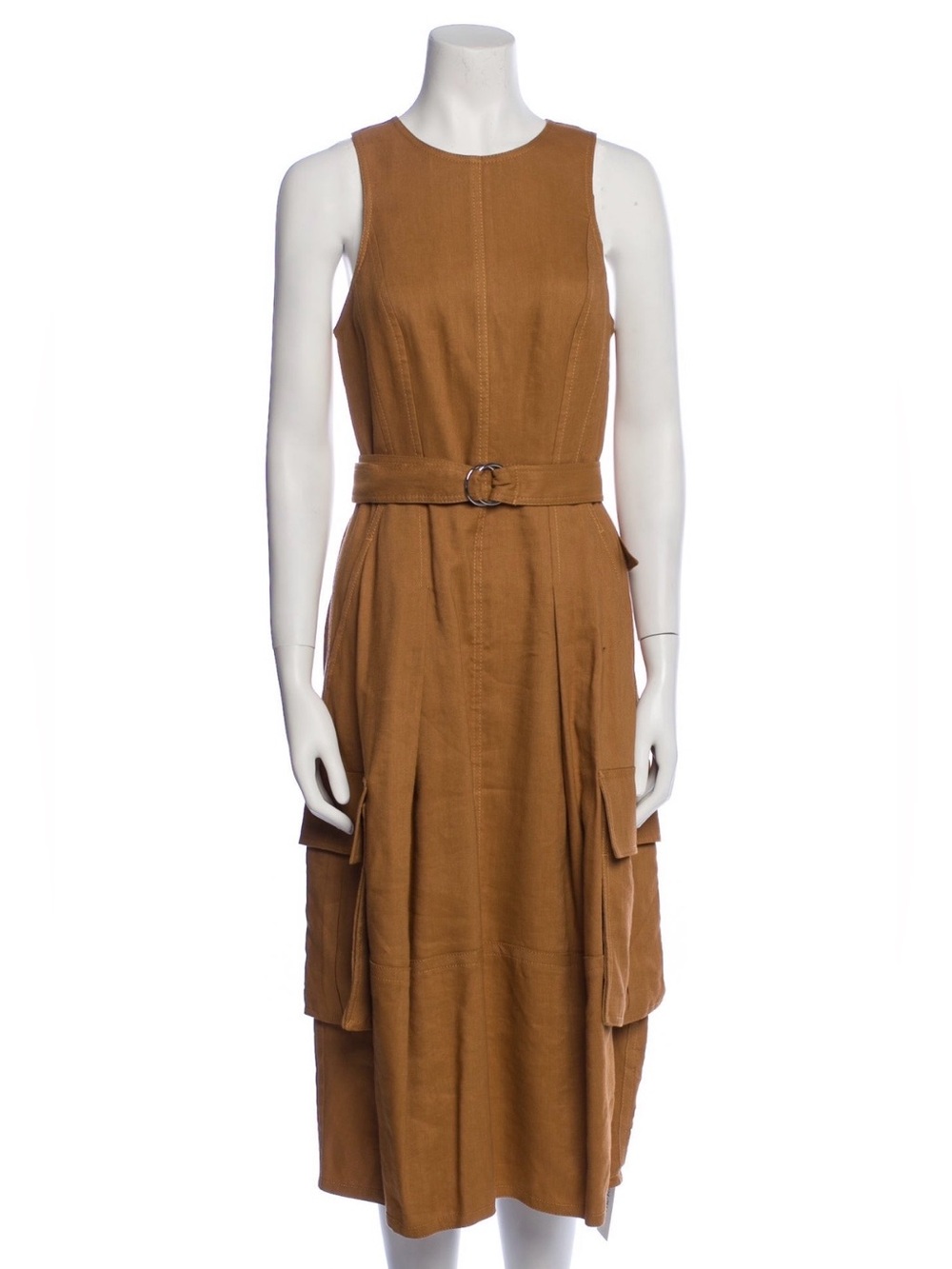 Tibi Sleeveless Belted Midi Dress in Camel Brown